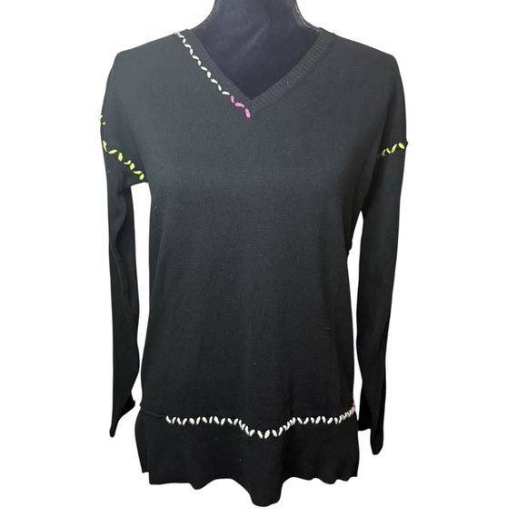 Black V-Neck Sweater with Neon Whip Stitch Trim | 100% Cotton | Sz S - Picture 1 of 6